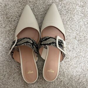 Bally Cream Pointed Mule with Black & Cream Snake-Print Strap